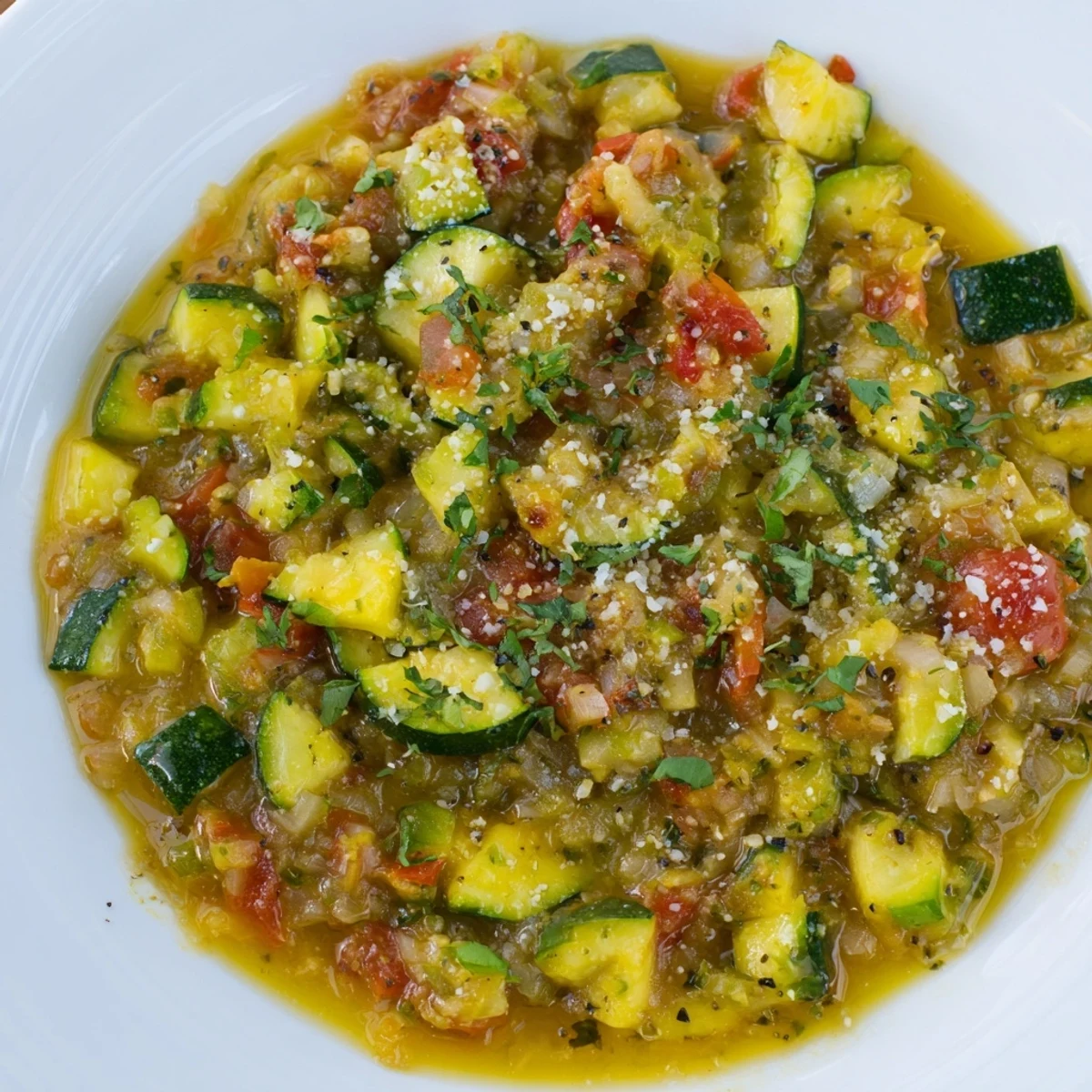 Vibrant green and red Italian zucchini sauce tossed over al dente pasta with grated Parmesan cheese topping