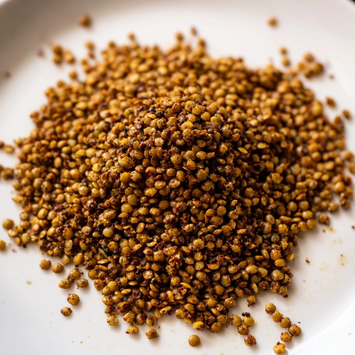 Golden brown crispy roasted lentils scattered on a white baking sheet after roasting