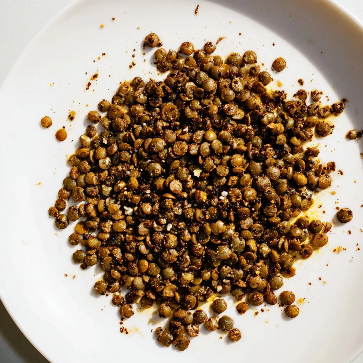 Close up of crunchy crispy roasted lentils sprinkled over creamy tomato soup garnish