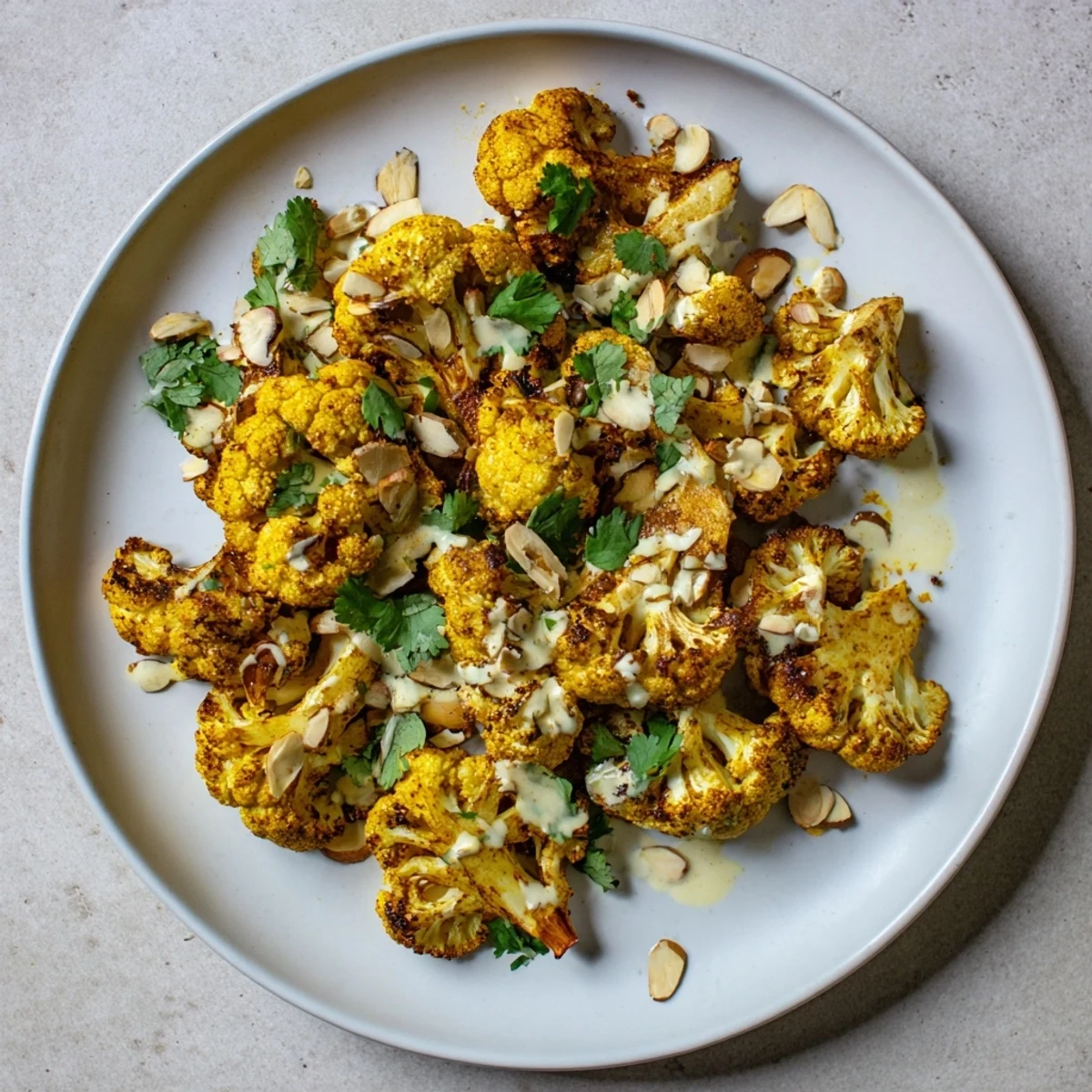 Golden roasted Moroccan cauliflower spiced with cumin and paprika, drizzled with creamy tahini honey sauce