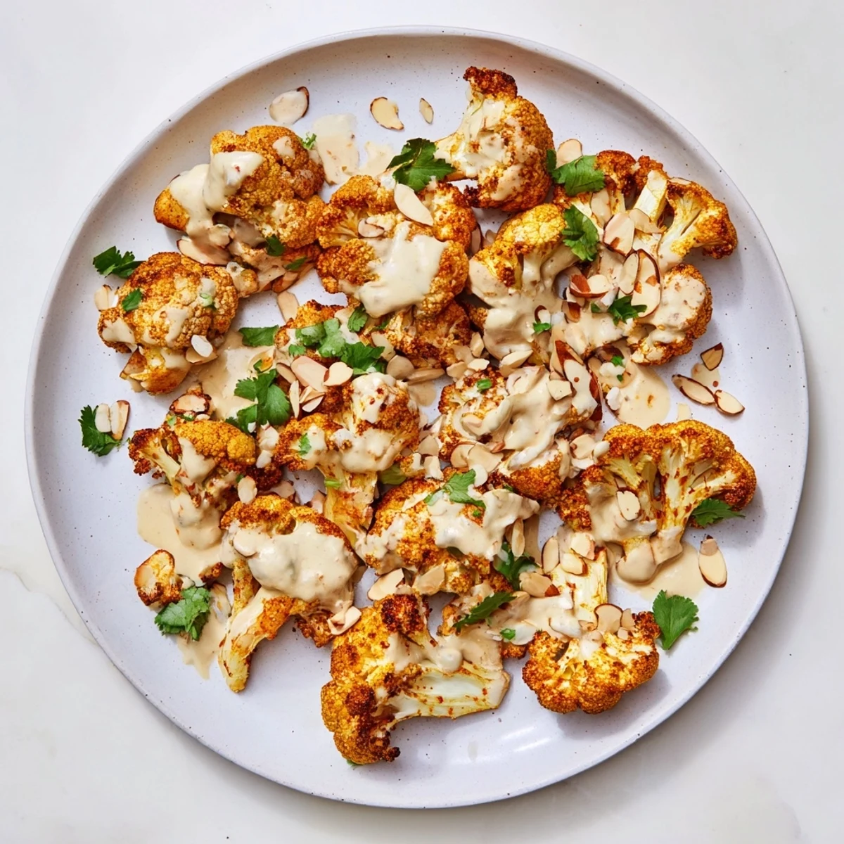 Moroccan cauliflower with tahini honey garnished with fresh cilantro and toasted almonds on a serving platter