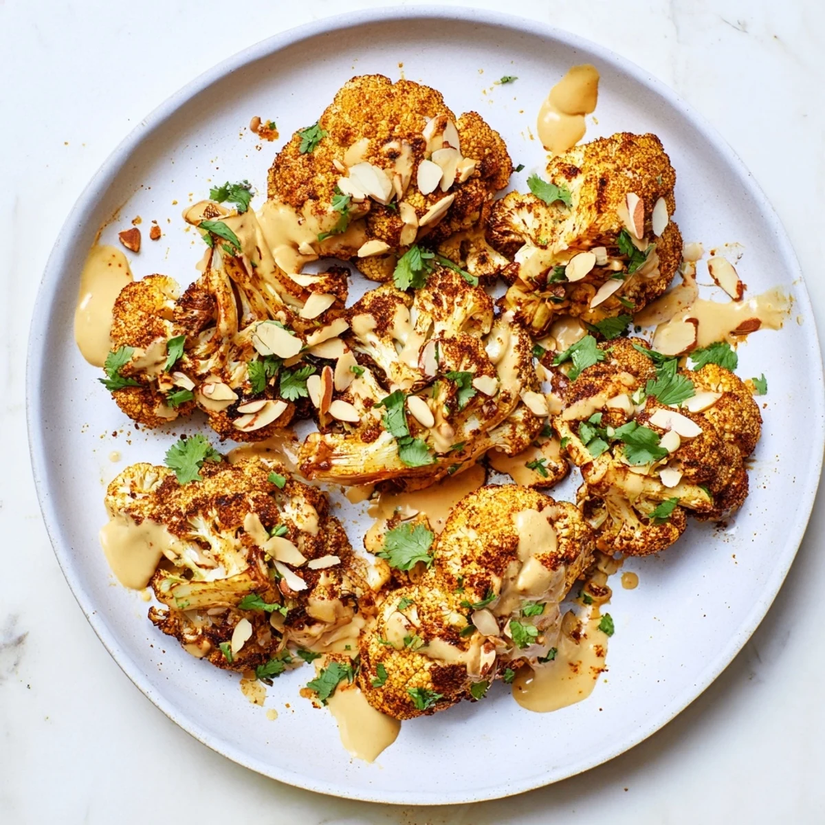 Tender roasted Moroccan cauliflower florets coated in aromatic spices finished with sweet tahini honey glaze
