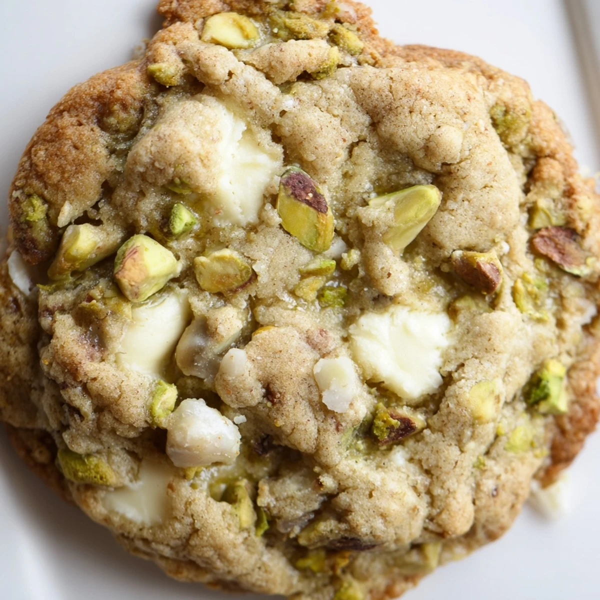 Golden brown white chocolate pistachio cookies with melty chunks and green nut pieces on a wooden board