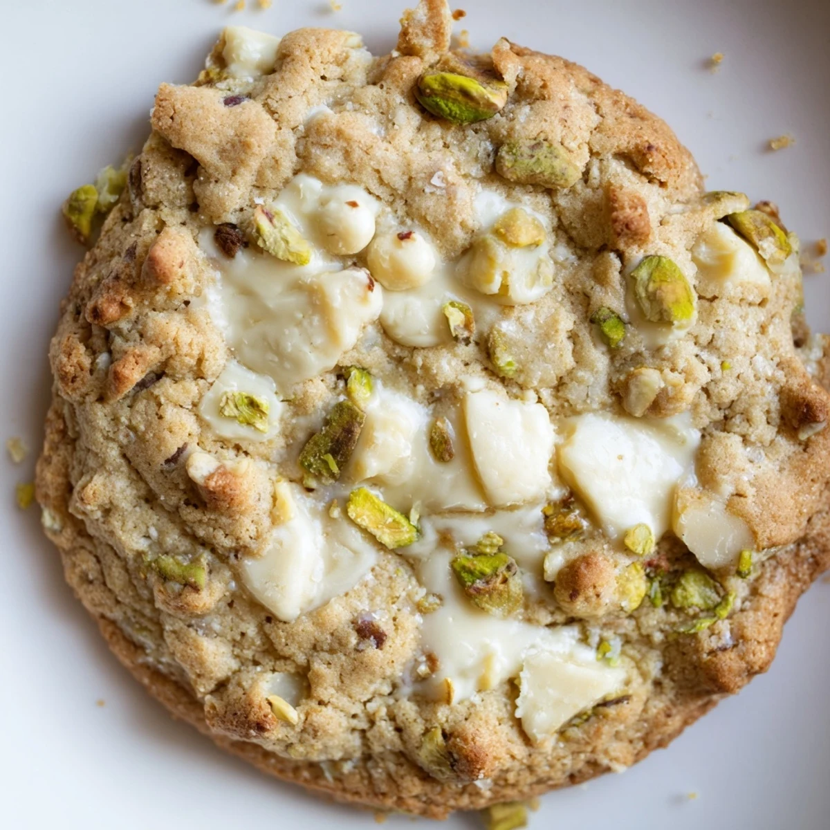 Soft chewy white chocolate pistachio cookies cooling on a wire rack with golden edges and speckled green nuts