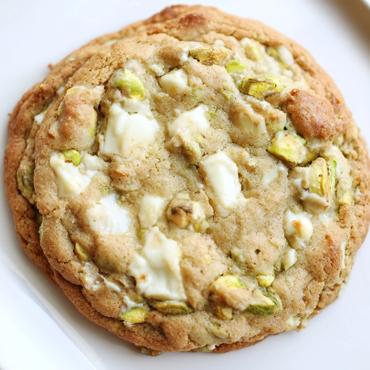 Freshly baked white chocolate pistachio cookies stacked high with visible creamy chocolate and crunchy pistachios throughout