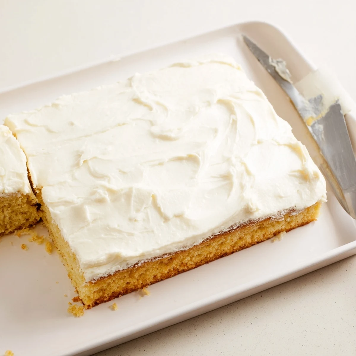Sliced Church Cake revealing tender moist crumbs beside fresh strawberries on a rustic wooden table