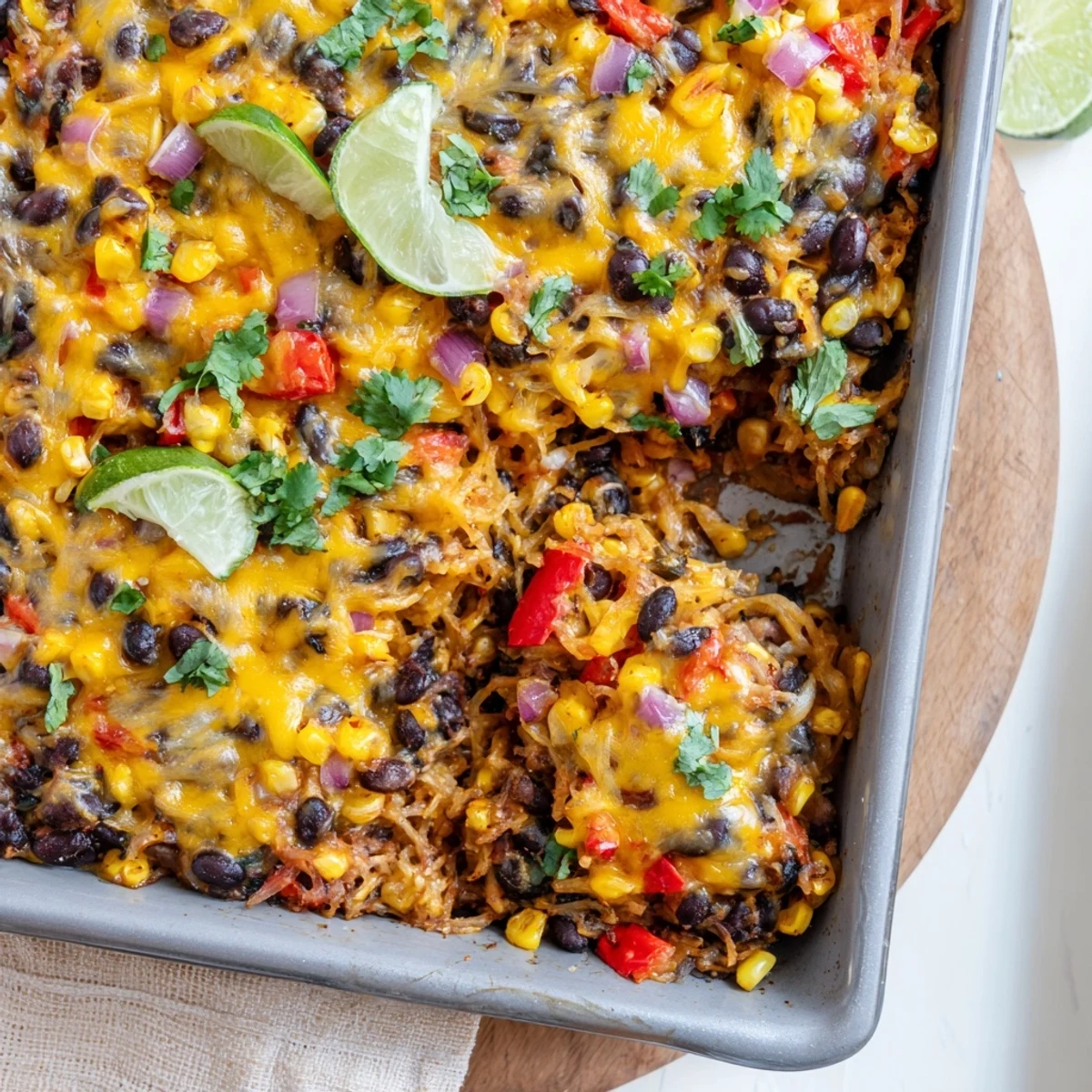 Golden melted cheese tops this Mexican spaghetti squash casserole with black beans and corn