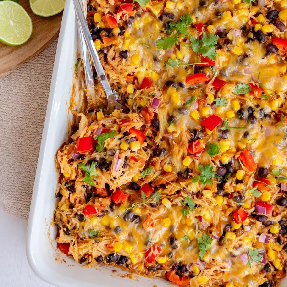 Baked Mexican spaghetti squash casserole featuring tender squash strands mixed with spicy vegetables and beans