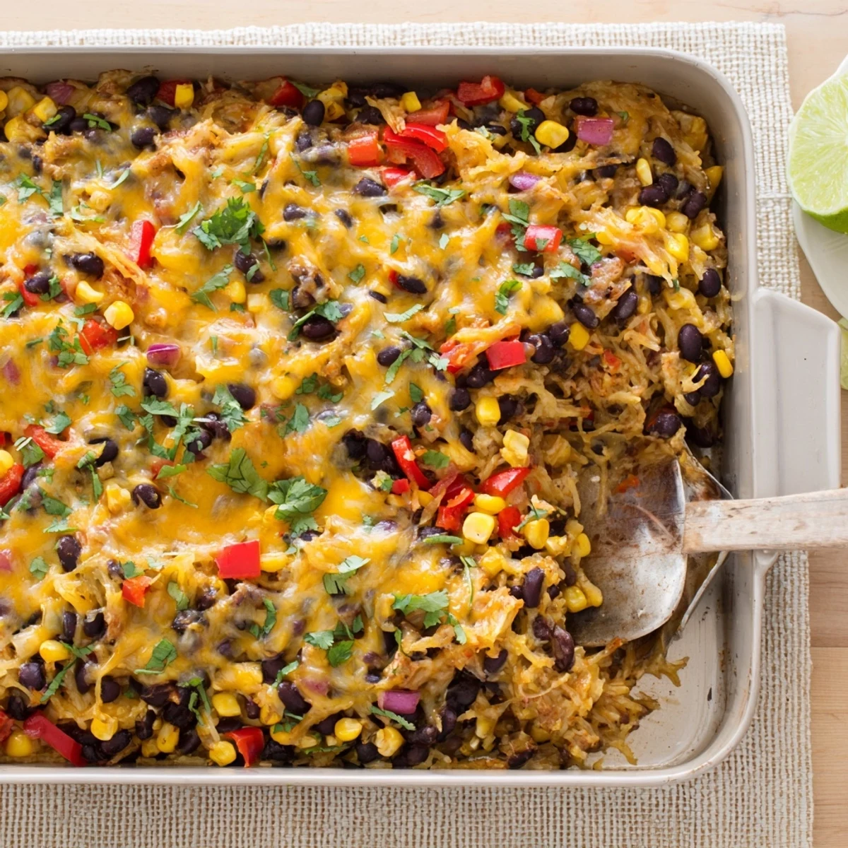 Fresh cilantro garnishes a bubbling Mexican spaghetti squash casserole served with lime wedges