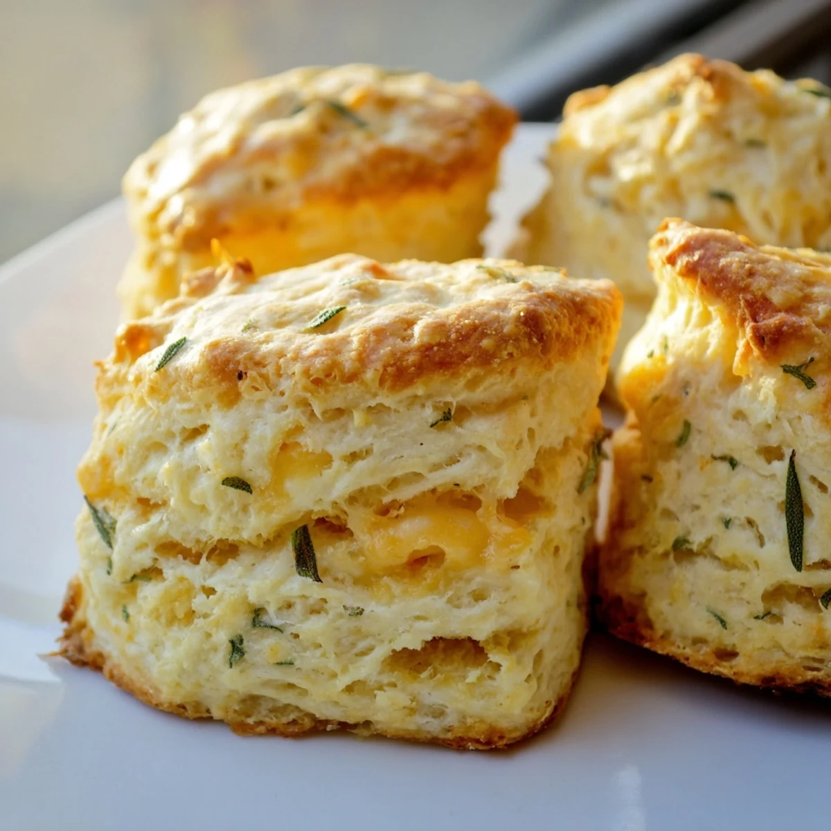 Golden brown sage and Gruyere biscuits fresh from the oven with visible cheese flecks