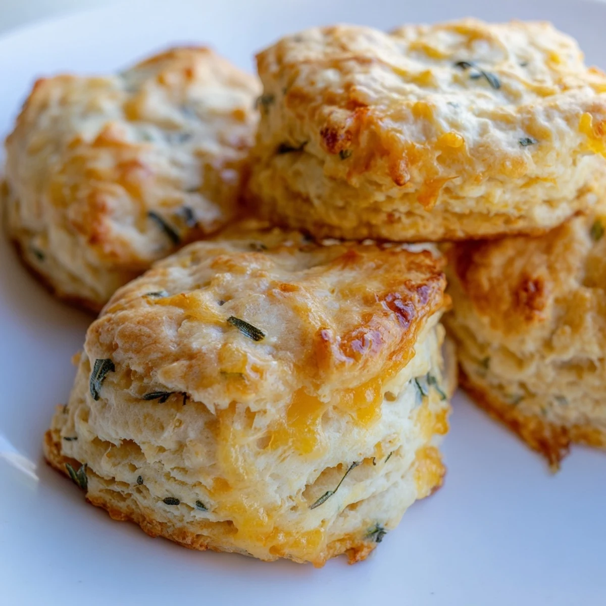 Flaky homemade biscuits topped with chopped fresh sage and melted Gruyere cheese on a wooden board