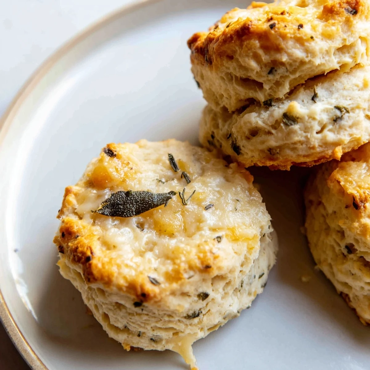 Warm savory biscuits stacked high featuring golden layers and aromatic fresh sage leaves