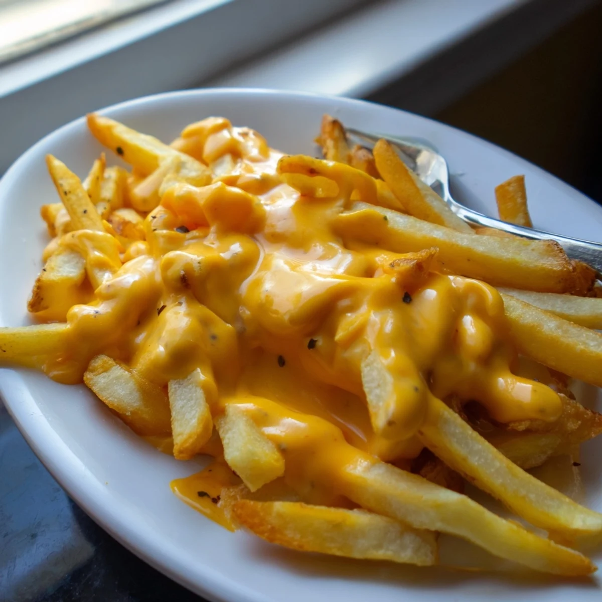 Creamy cheddar cheese sauce for fries served in a glass dipping bowl alongside seasoned potatoes