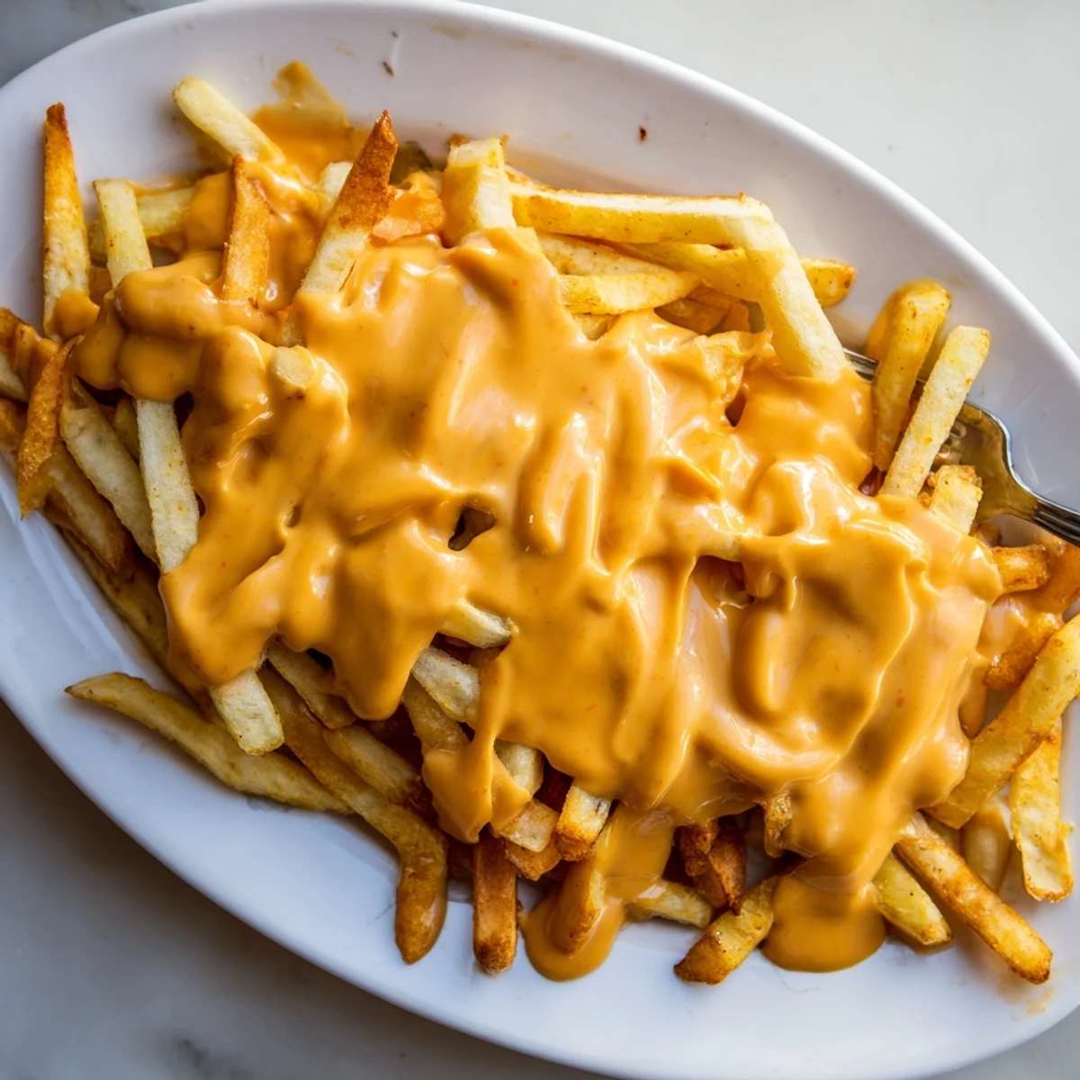 Golden homemade cheese sauce for fries drizzled generously over crispy golden potato wedges