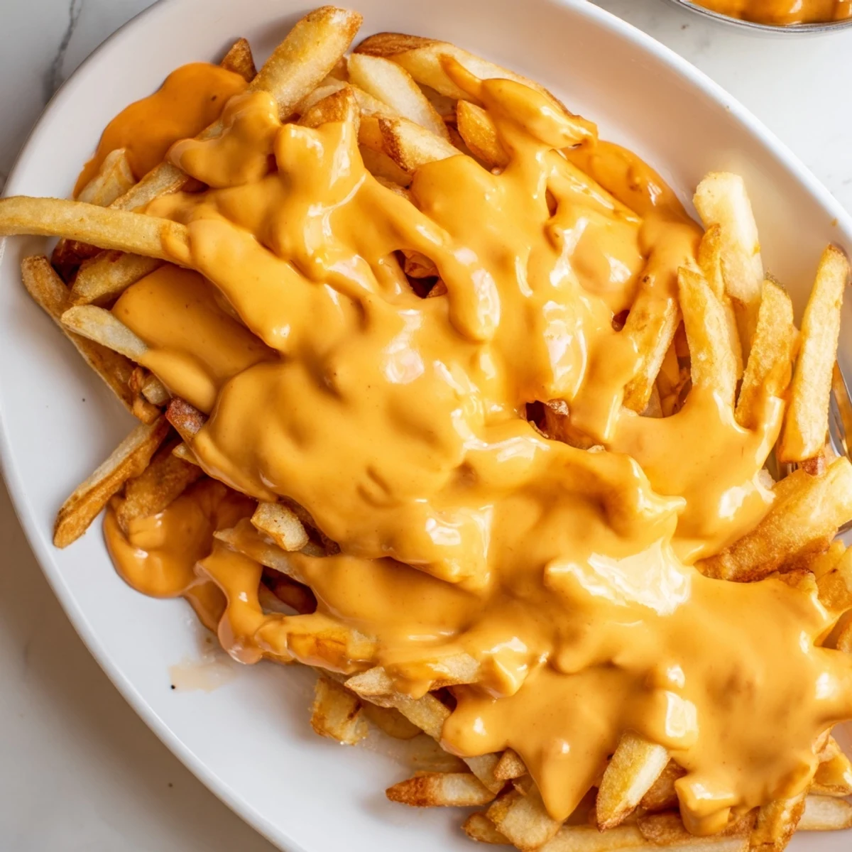 Smooth melted cheese sauce for fries being poured from a spoon onto steaming hot french fries