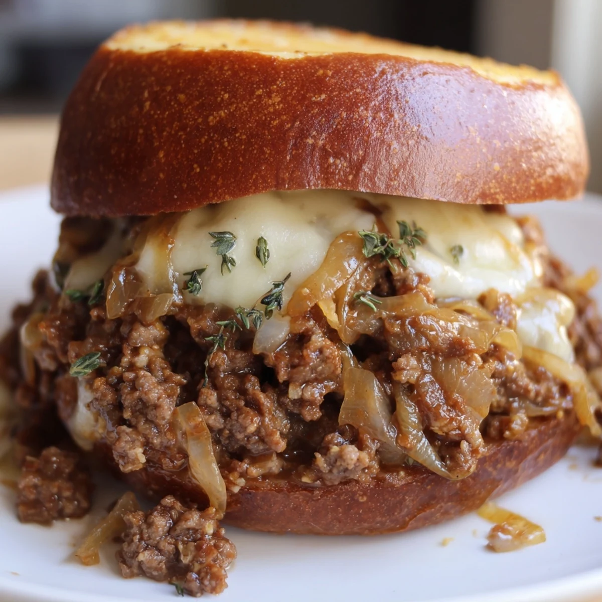 Golden French onion beef sloppy joes sandwich piled high with melted provolone cheese on toasted brioche bun