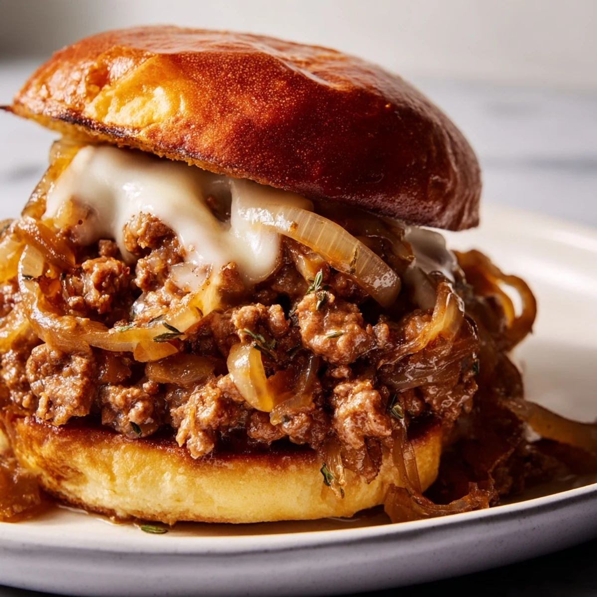 Savory ground beef and caramelized onion sloppy joes oozing melted cheese on a toasted brioche bun