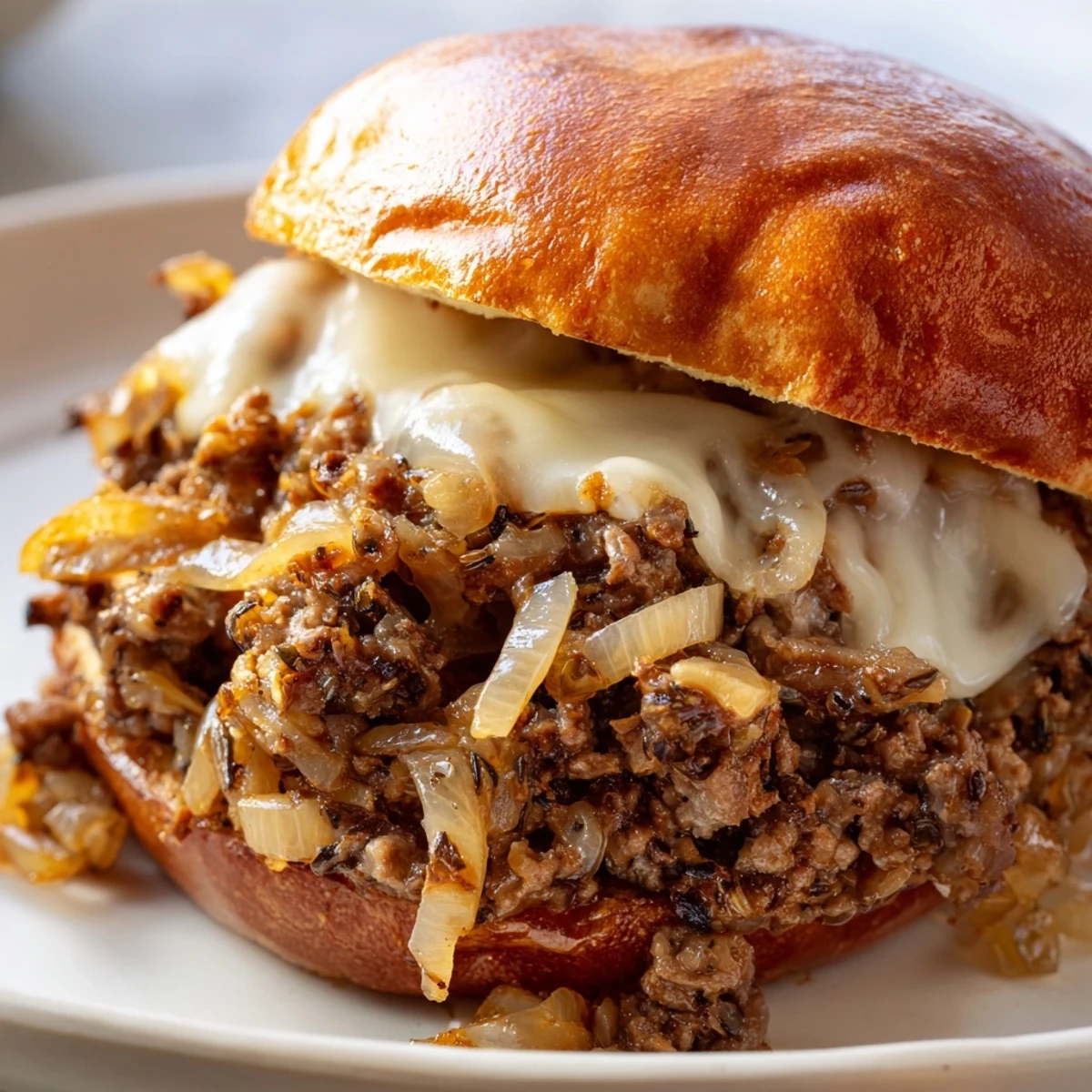 Crispy brioche bun loaded with beef and French onion sloppy joes topped with bubbly melted provolone cheese