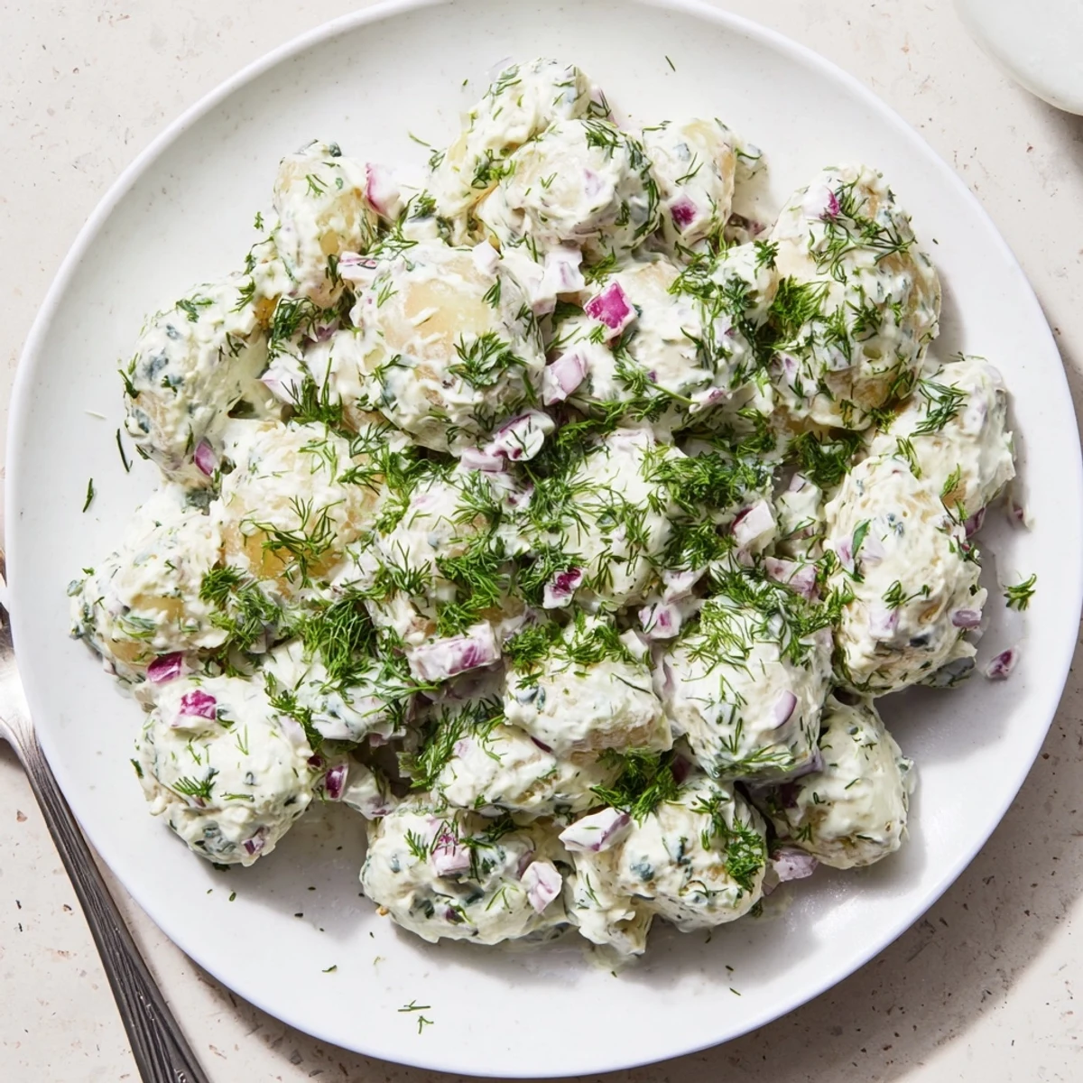 Lightened-up Greek yogurt potato salad featuring diced potatoes, red onion, and vibrant dill parsley garnish on a rustic wooden platter