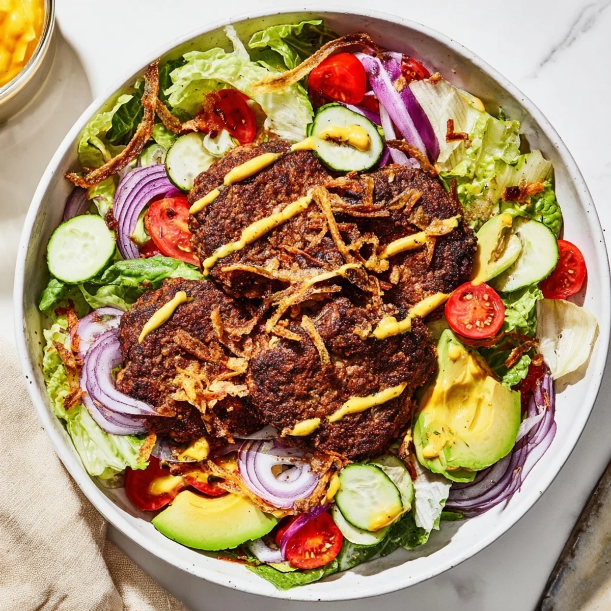 Crispy smashed beef patties served over fresh greens with tangy pickles and creamy smash sauce in a smash burger bowl