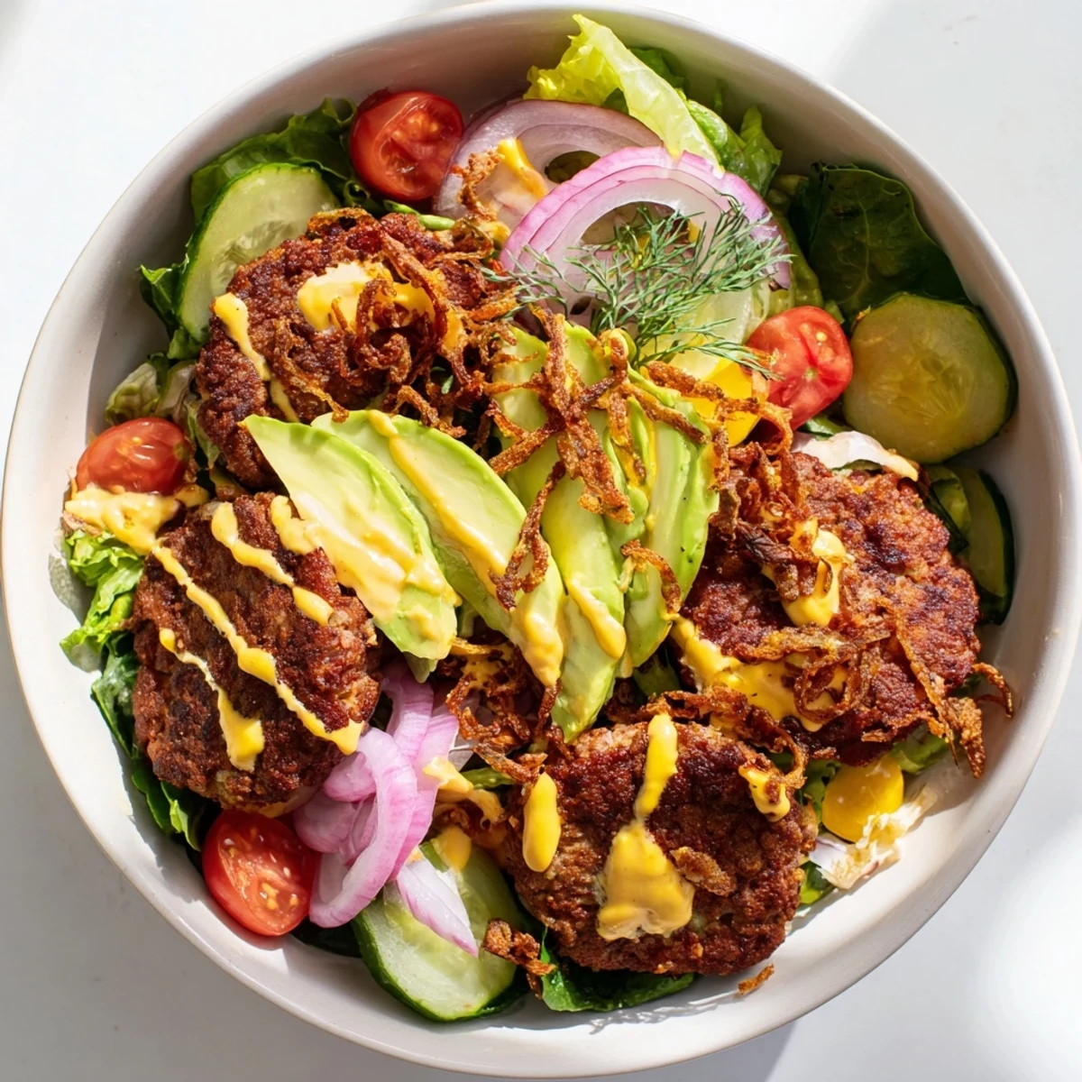 Colorful deconstructed smash burger bowl featuring browned beef patties, cherry tomatoes, avocado slices, and drizzled dressing