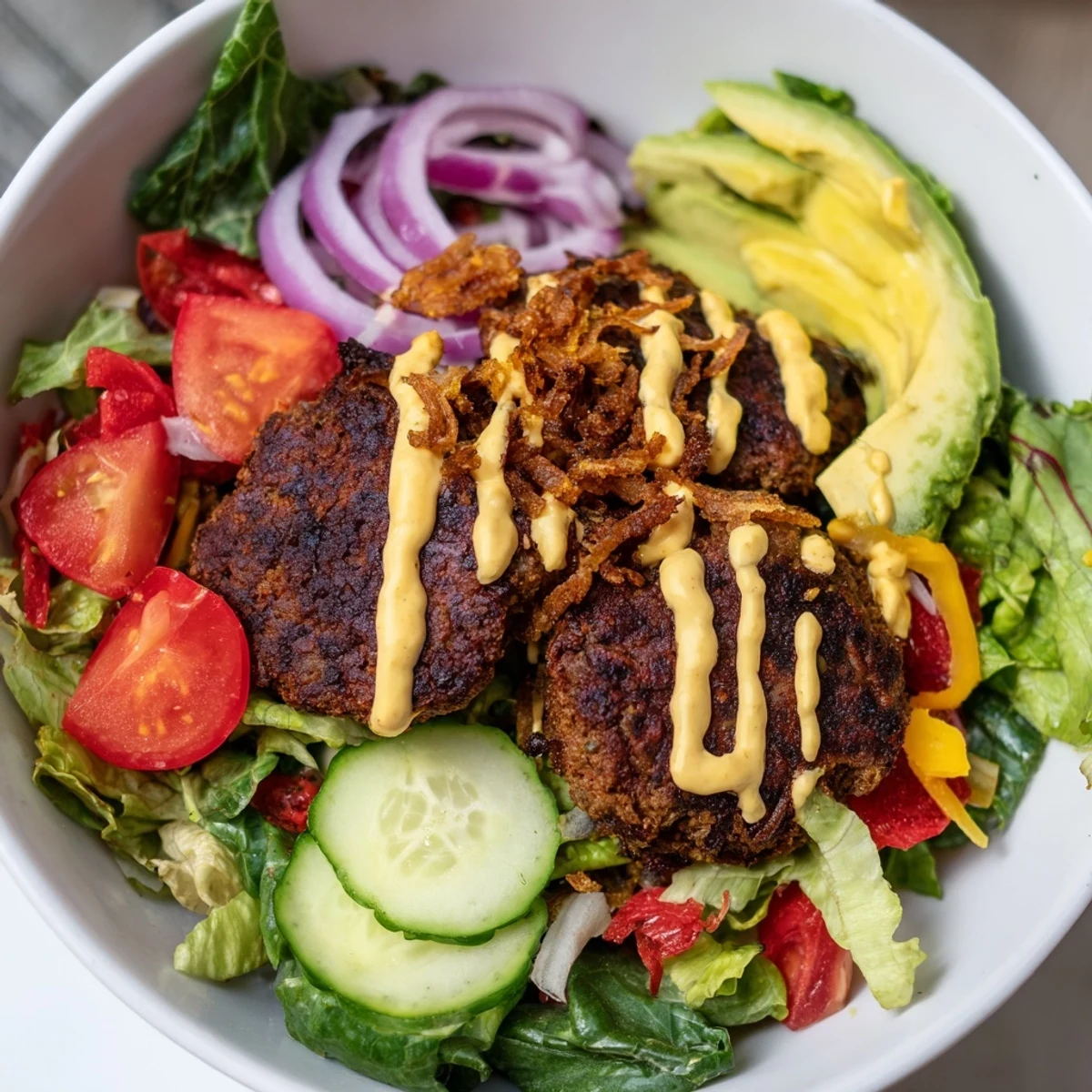 Low-carb smash burger bowl arranged with seared beef, crisp vegetables, dill pickles, cheddar cheese, and zesty sauce topping
