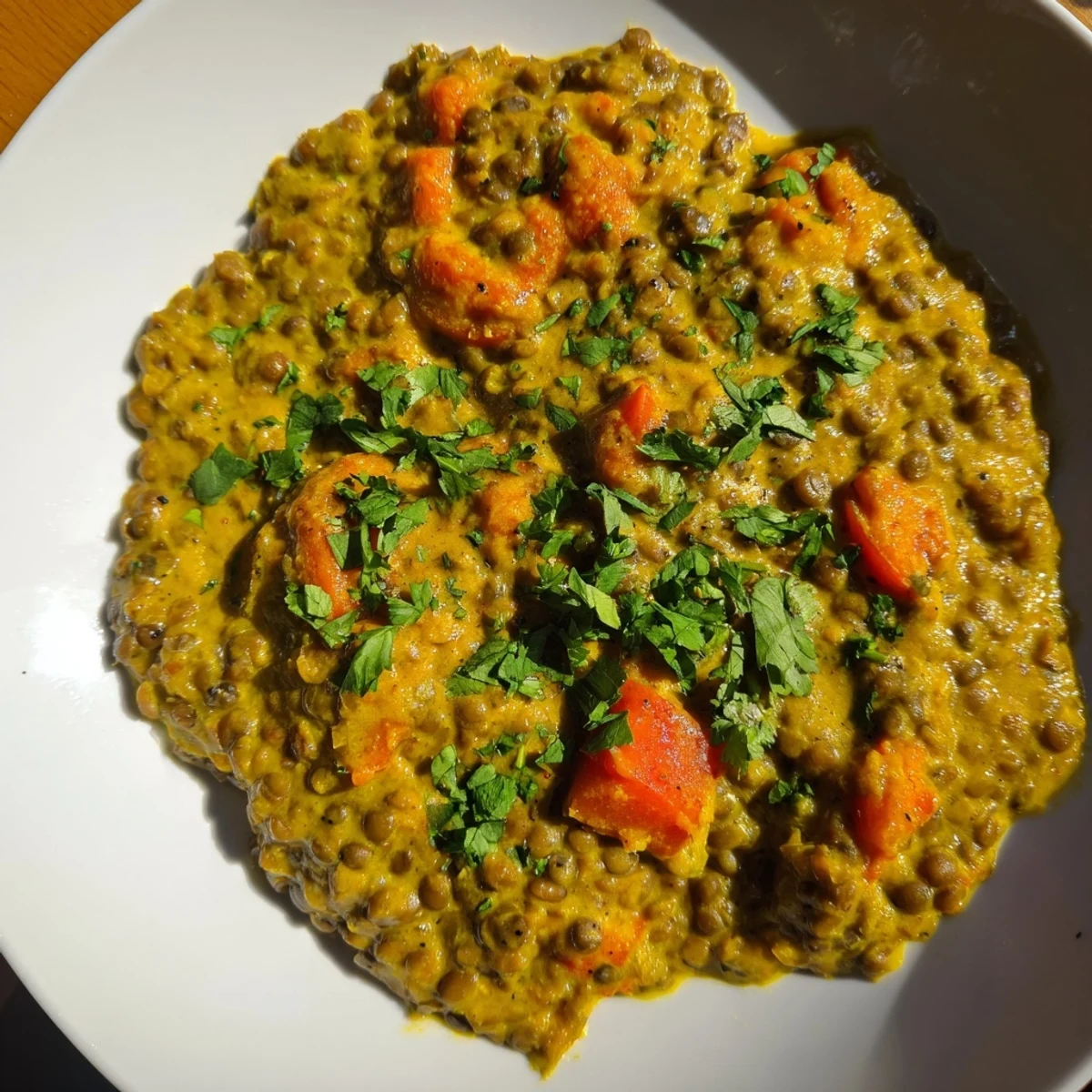 Creamy Greek yogurt lentil curry garnished with fresh cilantro and served over fluffy white rice