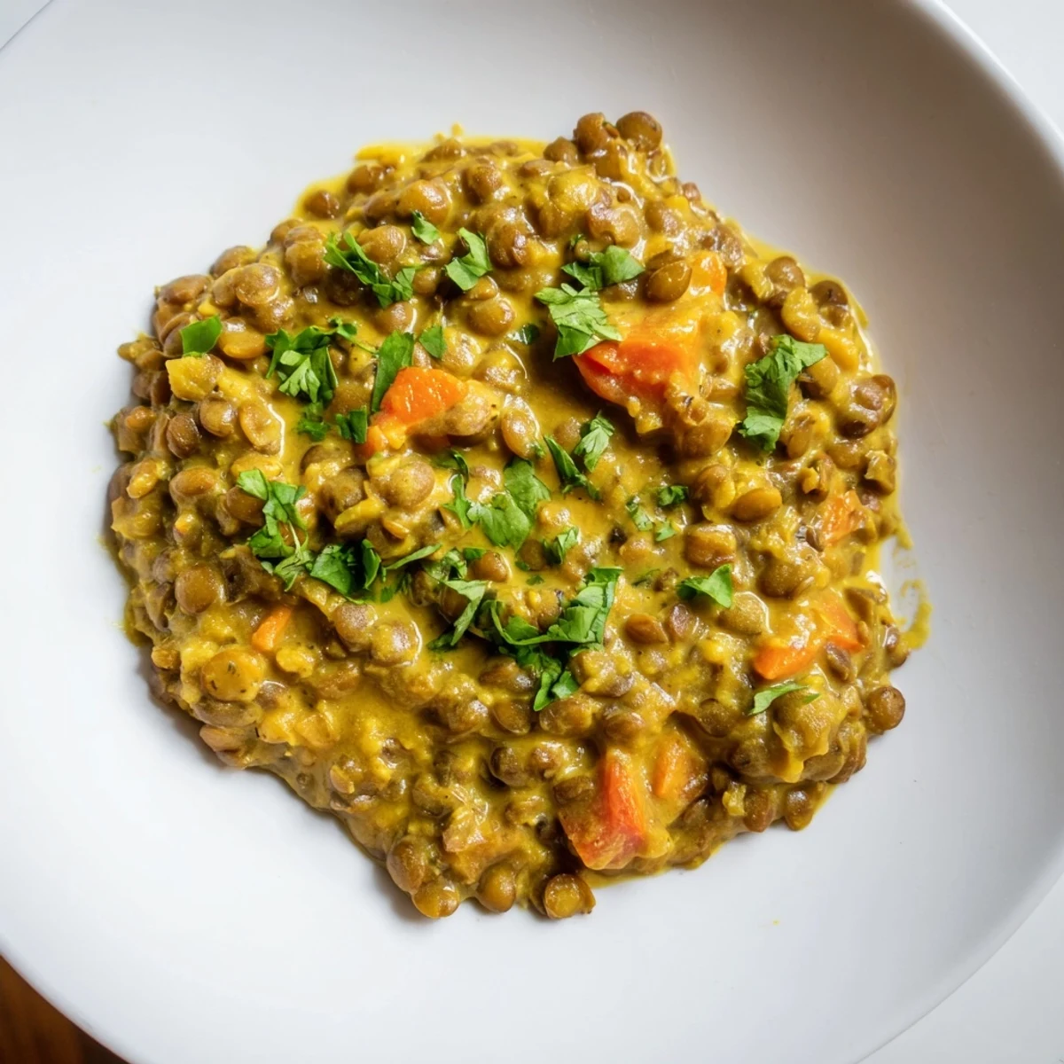 Golden spiced lentil curry swirl topped with tangy Greek yogurt and bright cilantro leaves
