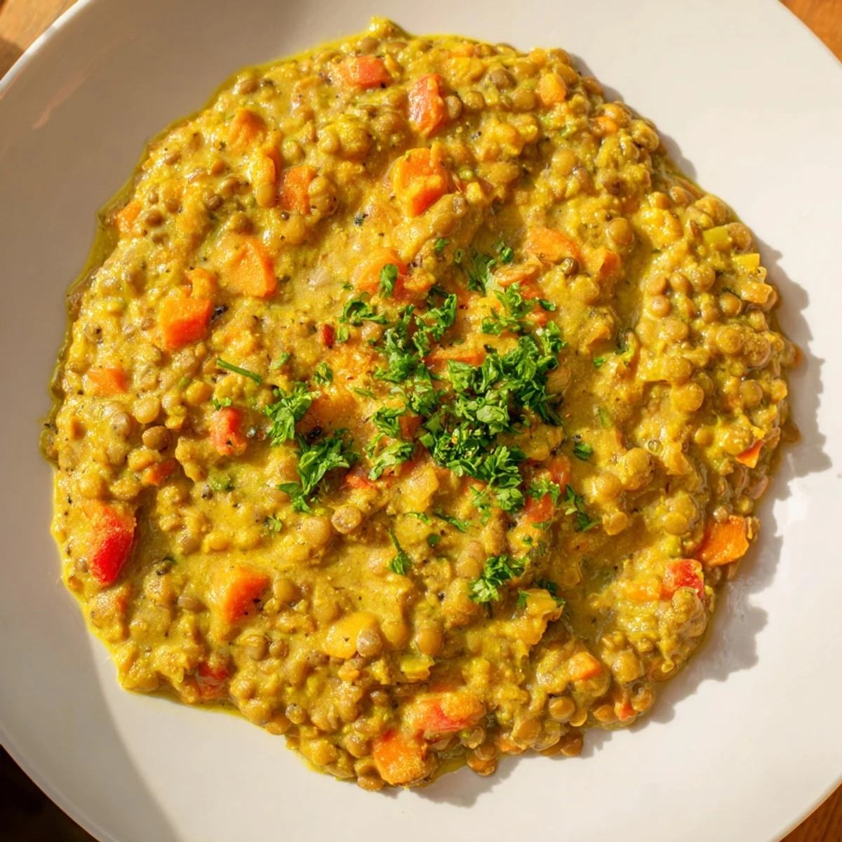 Bowl of protein-rich Greek yogurt lentil curry paired with warm naan bread for dipping