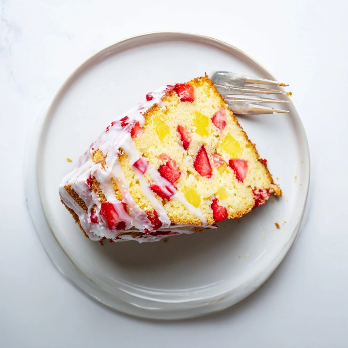 Slice of moist strawberry pineapple pound cake topped with sweet pineapple glaze and fresh strawberry garnish