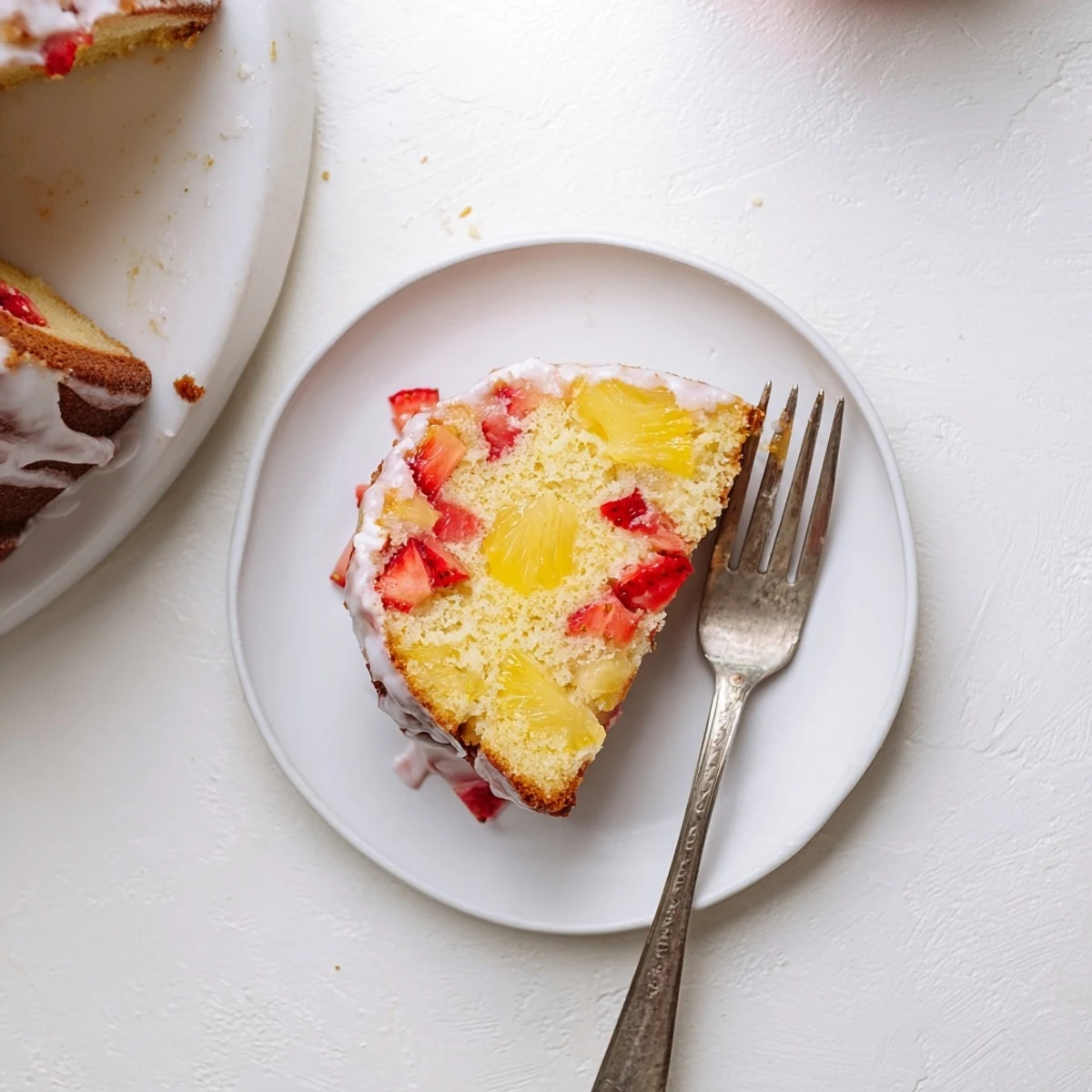Golden brown strawberry pineapple pound cake loaf with juicy red fruit bits visible throughout the tender crumb