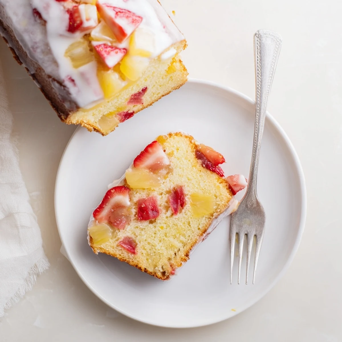 Bundt-style strawberry pineapple pound cake dusted with powdered sugar on a white serving plate