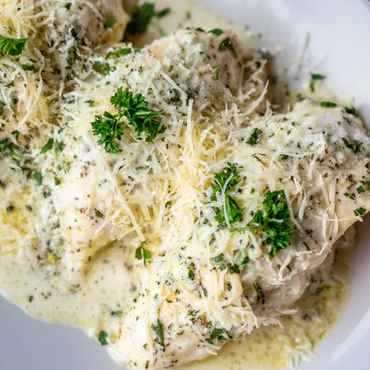 Tender juicy chicken breasts topped with melted mozzarella and rich Caesar sauce in a baking dish