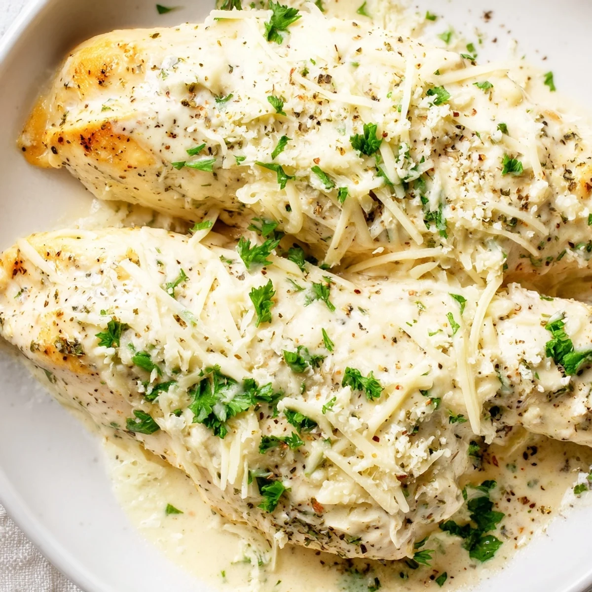 Golden bubbly creamy Parmesan baked Caesar chicken rests on a white plate with fresh parsley garnish