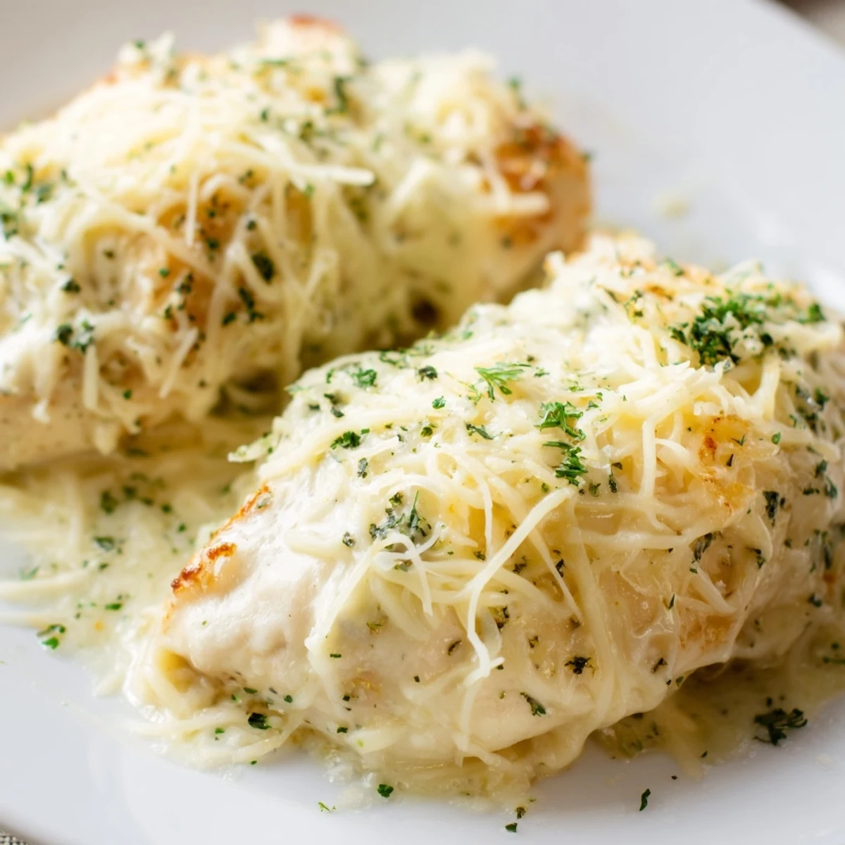 Savory baked Caesar chicken with golden cheese crust served alongside steamed vegetables for a comforting dinner