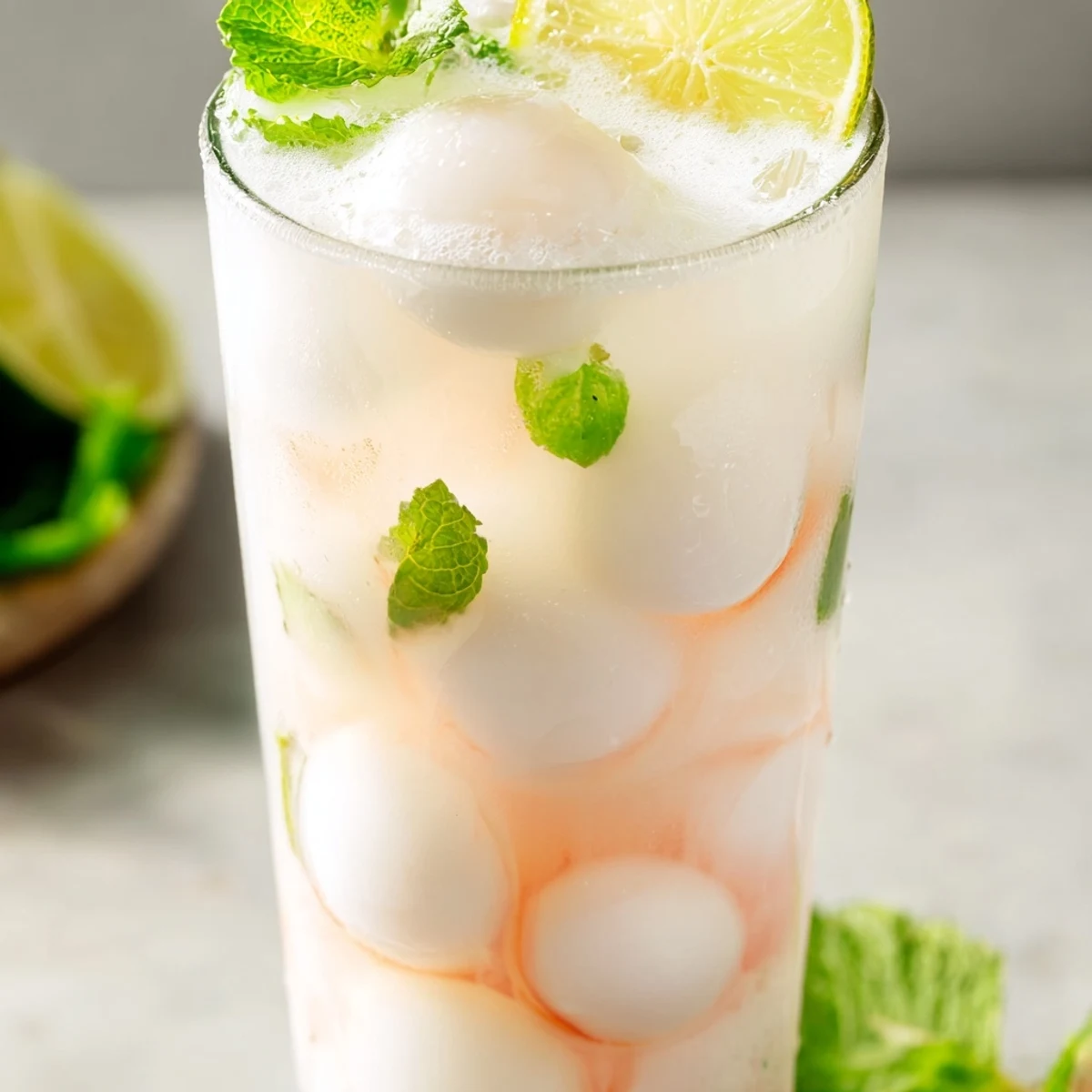 Tall glass of coconut lychee iced drink garnished with fresh mint and lime slices