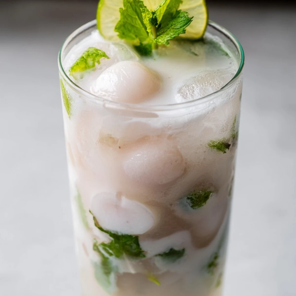 Creamy coconut lychee iced drink filled with ice cubes and whole lychee fruits