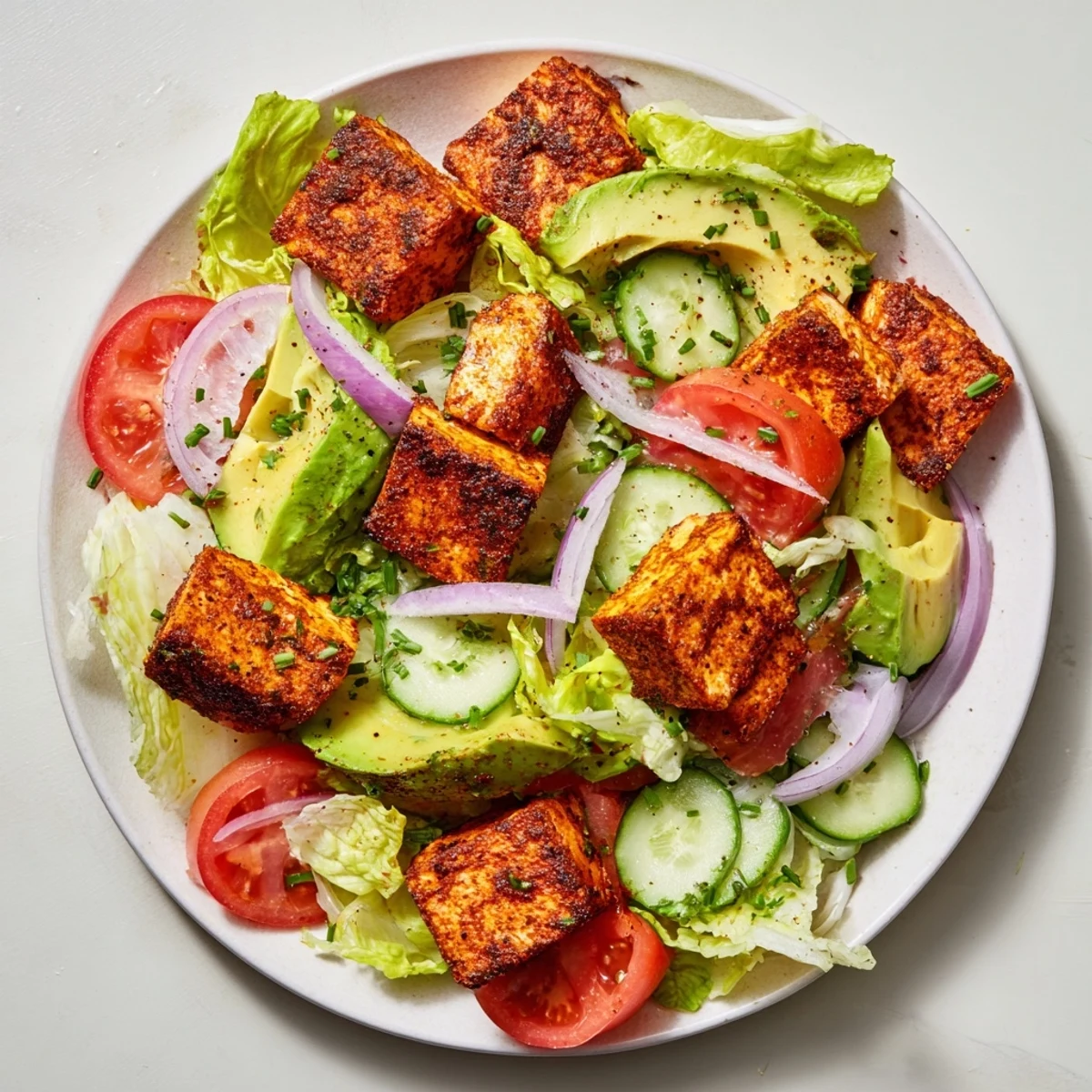 Vibrant vegan salad featuring spiced tofu cubes with fresh vegetables and light citrus dressing