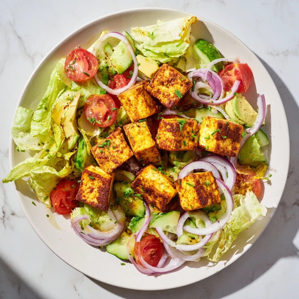 Warm paprika-seasoned tofu served over crisp romaine with bright red tomatoes and zesty lemon vinaigrette