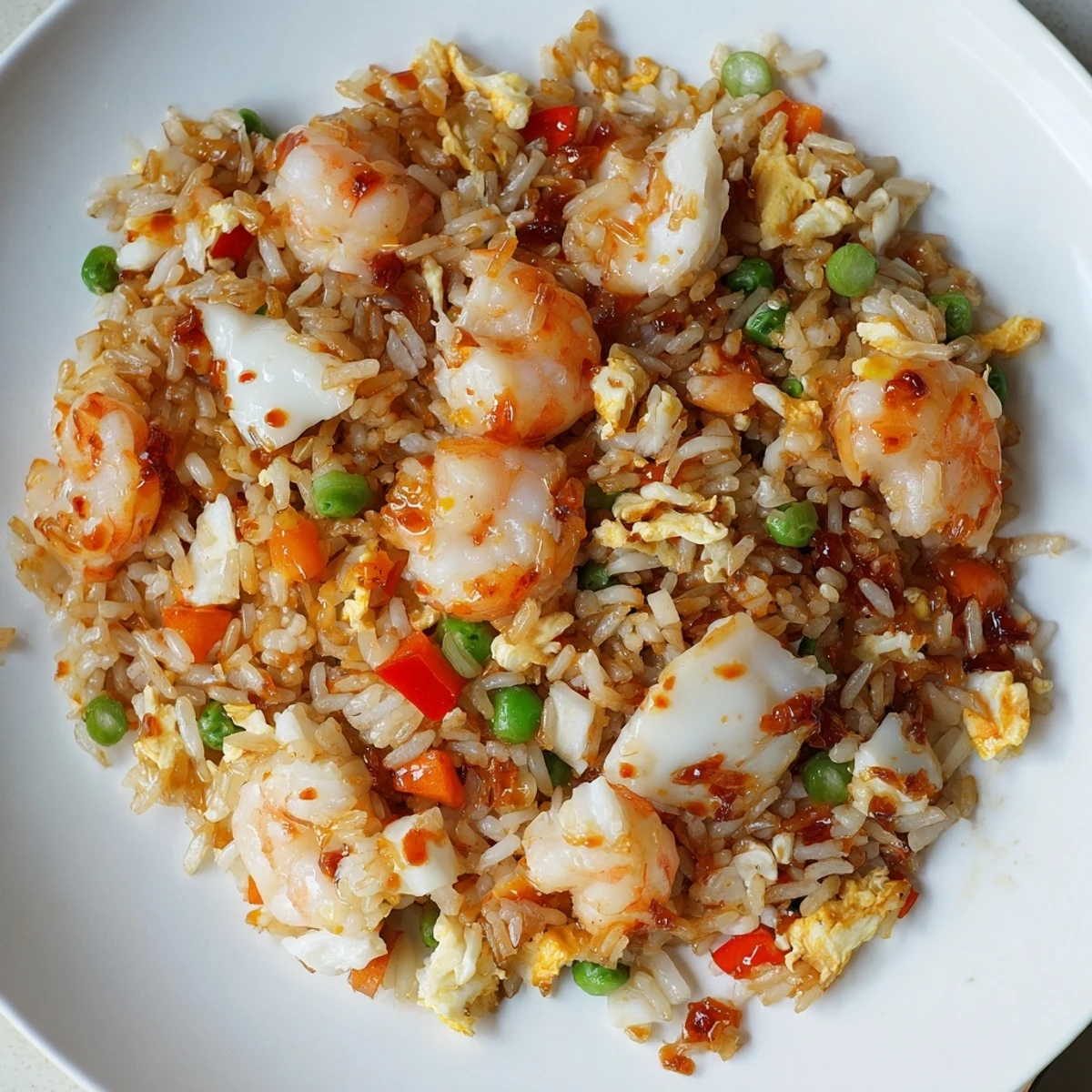 Golden fried rice studded with pink shrimp and crab, drizzled with vibrant red garlic chili oil