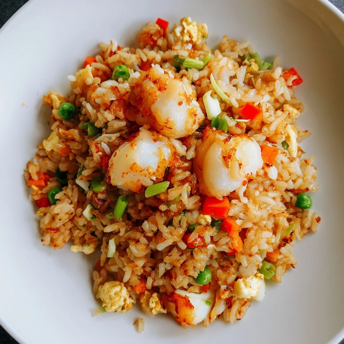 Close-up of Asian fusion seafood fried rice glistening with homemade garlic chili oil and fresh garnish