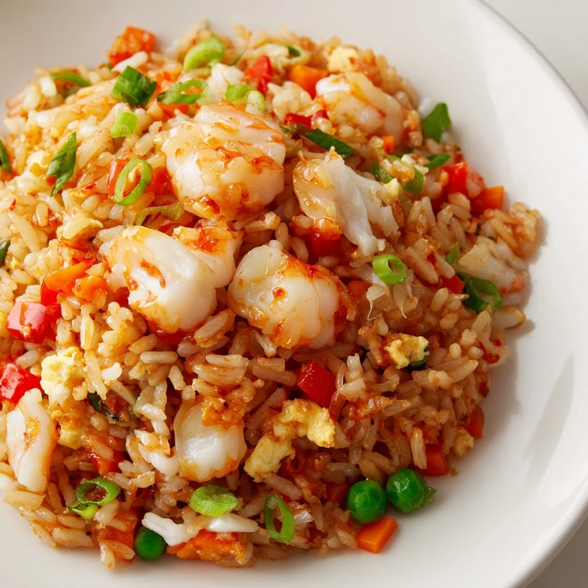 Wok-tossed spicy crab and shrimp fried rice scattered with colorful vegetables and topped with scallions