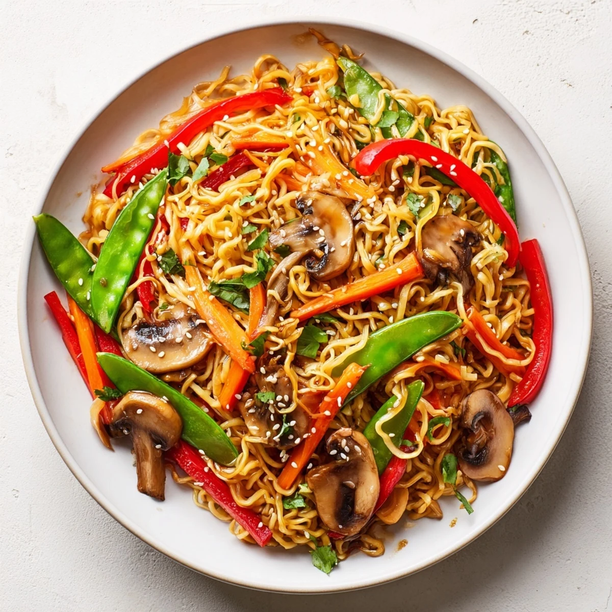 Plates of vegetarian garlic mushroom chow mein garnished with toasted sesame seeds and fresh green onions