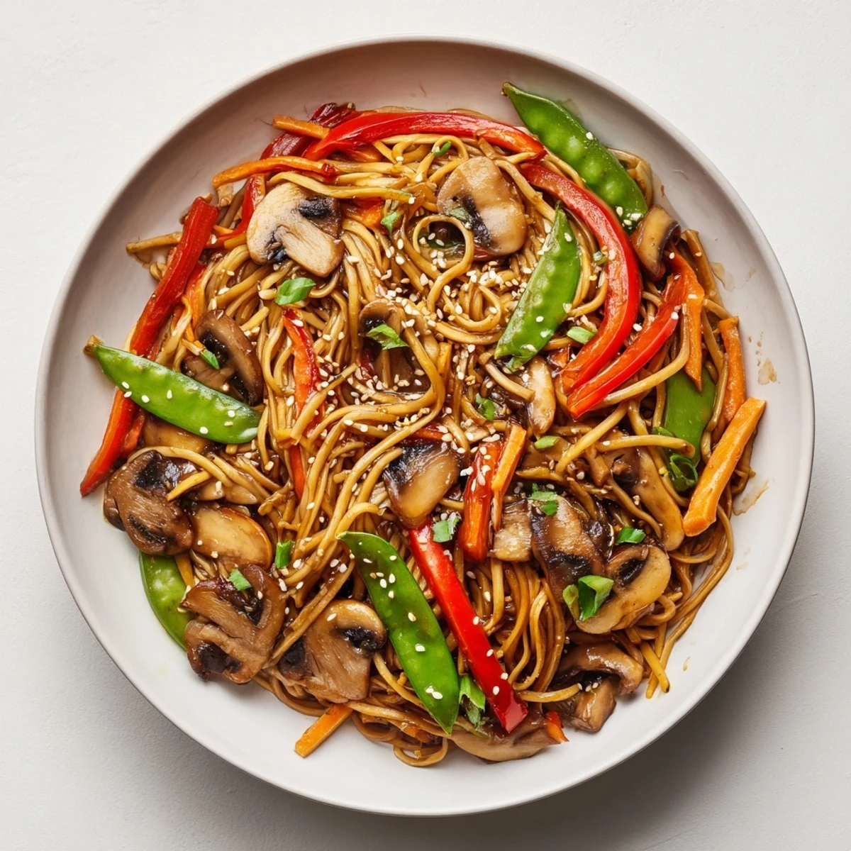 Golden egg noodles stir-fried with garlic mushrooms and colorful crisp vegetables in a savory sauce