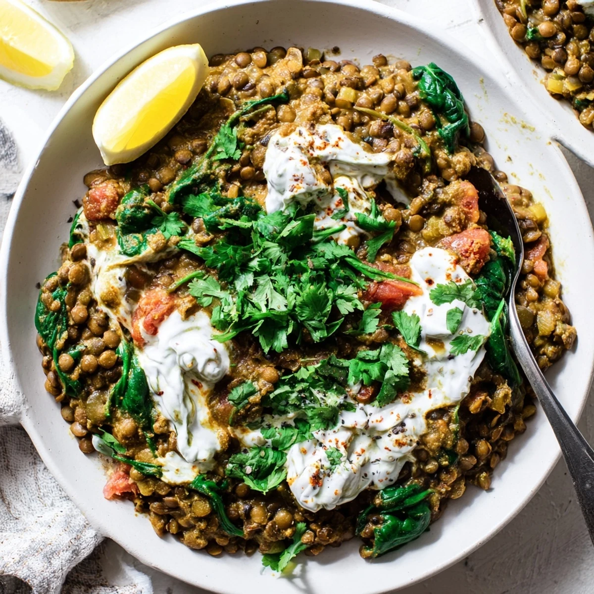 Creamy Greek yogurt lentil curry simmered with fragrant spices in a rustic bowl
