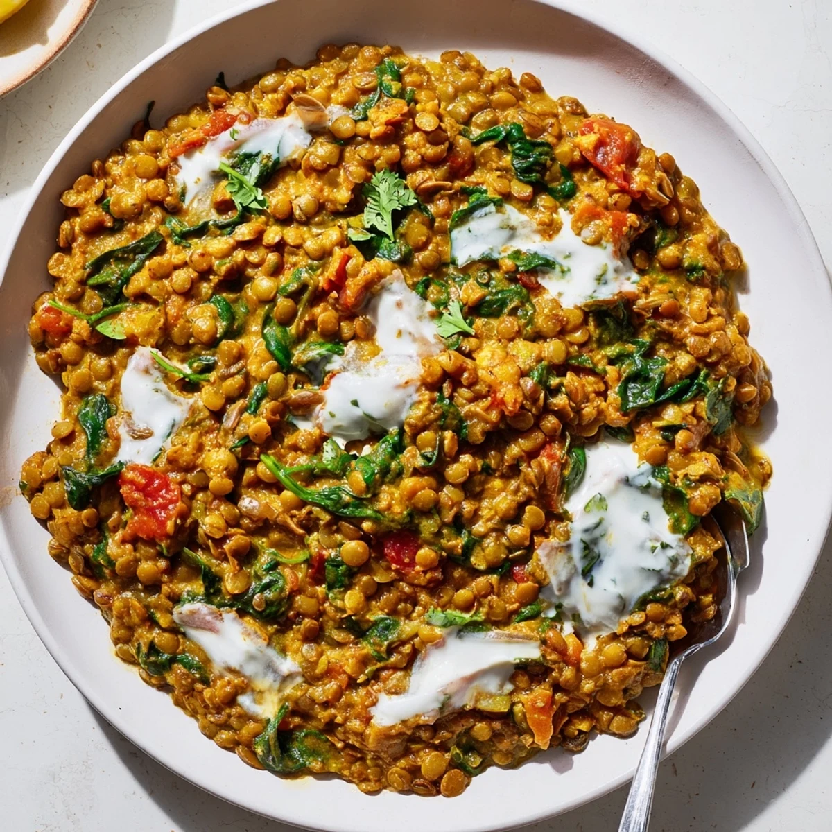 Golden Greek yogurt lentil curry plated with fluffy rice and fresh cilantro garnish