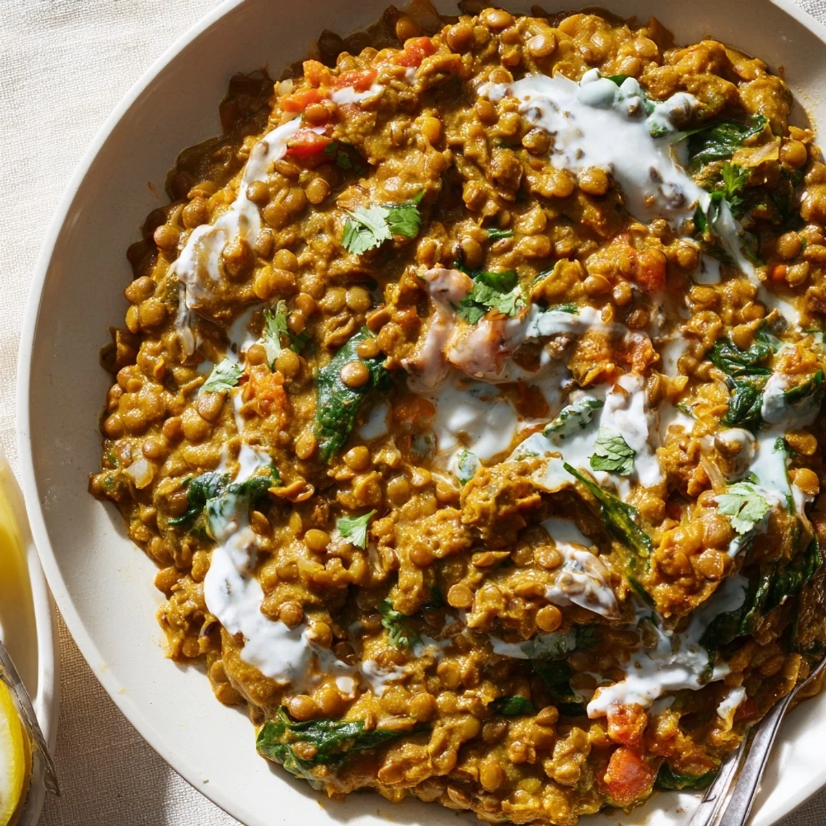 Hearty Greek yogurt lentil curry featuring tender lentils in a rich spiced sauce
