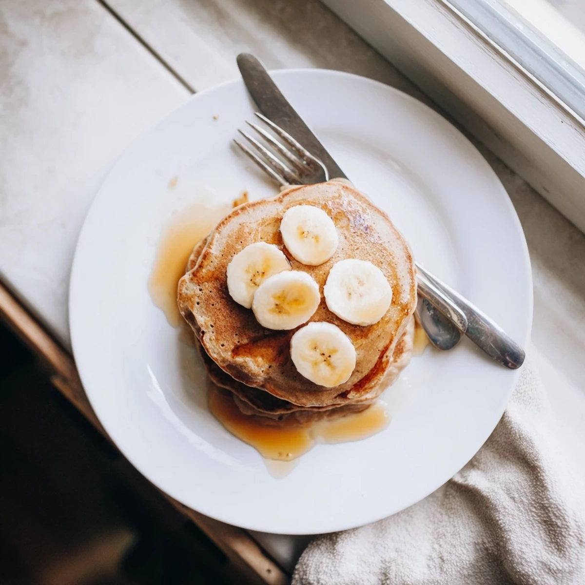 Wholesome breakfast plate featuring warm Greek yogurt banana pancakes served with butter and honey.