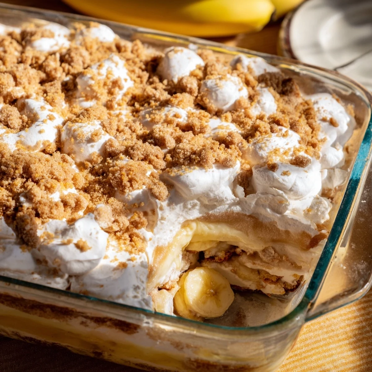 Golden Southern banana pudding cheesecake dump cake topped with fluffy whipped cream and fresh banana slices