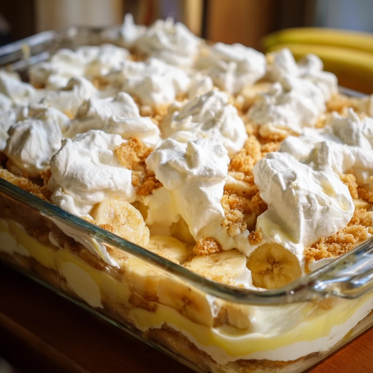 Butter yellow cake layered with banana pudding cheesecake and garnished with sweet whipped cream